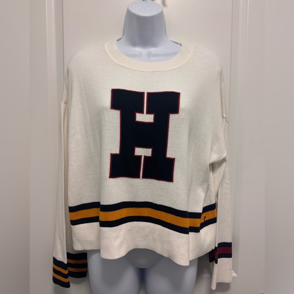 Tommy Hilfiger Cream Sweater with Navy and Gold Stripes-Preppy Varsity-Size S